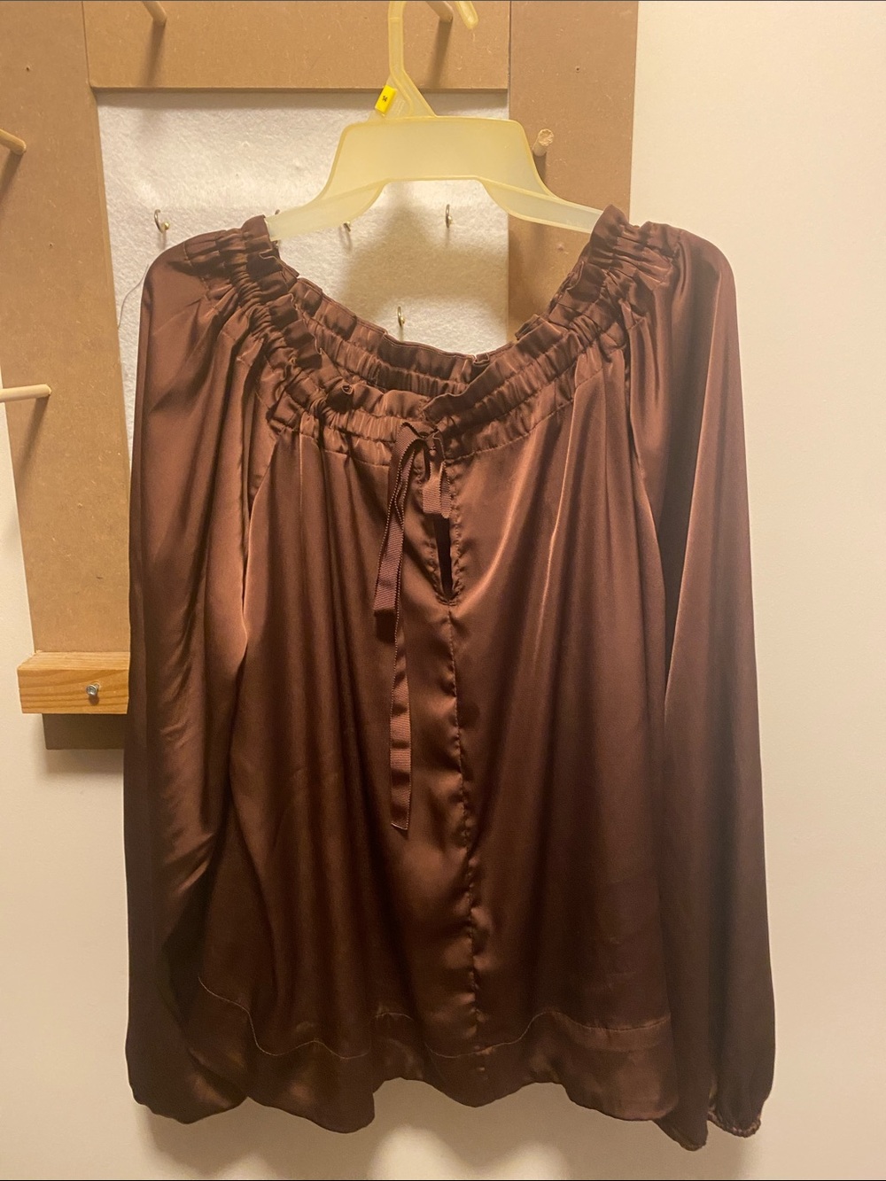 Womens Satin Peasant Blouse - Brown